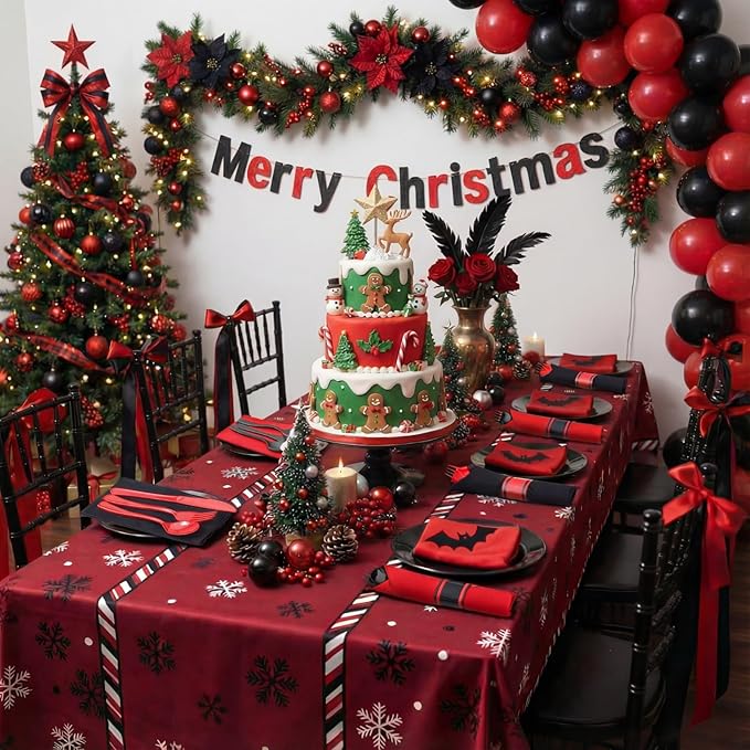 Lasnten 50 Pcs Pre-rolled Red and Black Plastic Silverware Set for 50 Guest Disposable Plastic Gothic Cutlery Set with Napkins for Red and Black Party Birthday Wedding Retirement Party Supplies