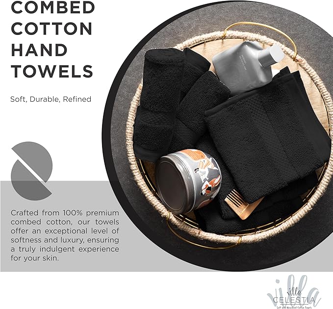 100% Cotton Hand Towel Set of 2, (16 x 28 inches) Sustainable, Soft, Highly Absorbent, Quick Drying, Combed Cotton Hand Towels Pack of 2 Ideal for Hotels, Spa, Bathroom, Dorm, Black