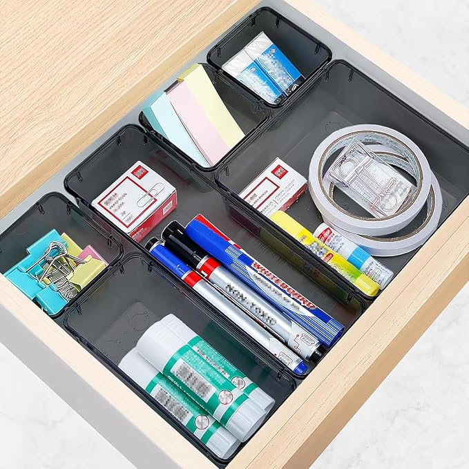 16 PCS Drawer Organizer Set, 5 Varied Size Bathroom and kitchen Drawer cabinet organizer Trays, Clear Storage Bins for Makeup, Jewelry, Utensils and Gadgets, Black