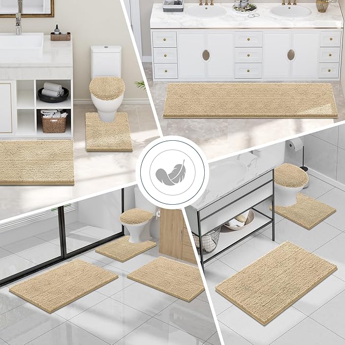 Smiry Luxury Chenille Toilet Rugs U-Shaped 20x20, Soft Absorbent Non-Slip Contour Bathroom Rugs for Toilet, Machine Washable Contoured Bath Mats, Beige