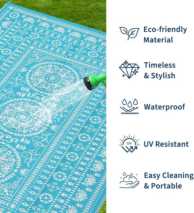 Garvee Reversible Outdoor Rug 5x8 for Patio, Waterproof Outdoor Area Rug, Boho Medallion Indoor Outdoor Carpet for Porch, Plastic Straw Rug for RV, Camping, Deck, Blue and White