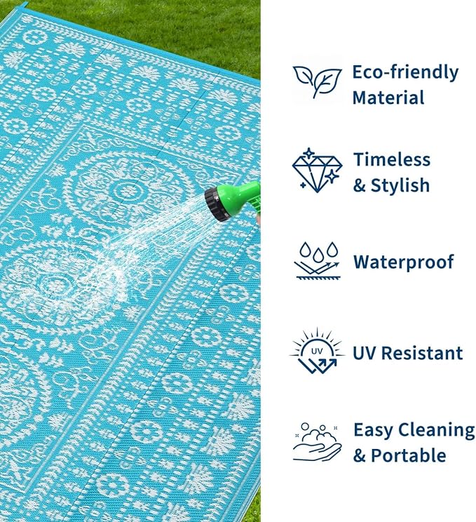 Garvee Reversible Outdoor Rug 6x9 for Patio, Waterproof Outdoor Area Rug, Modern Medallion Indoor Outdoor Rugs, Plastic Straw Rug for RV, Camping, Deck, Vintage Blue