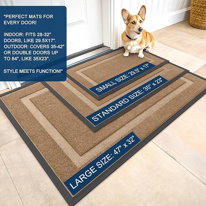 OLANLY Front Door Mat Indoor Outdoor Entrance, Waterproof All-Season, All-Weather Doormat, Sturdy Natural Rubber, Fade Resistant, Low Profile, Easy Clean Patio Porch Entryway Mat, 59x23, Light Borwn