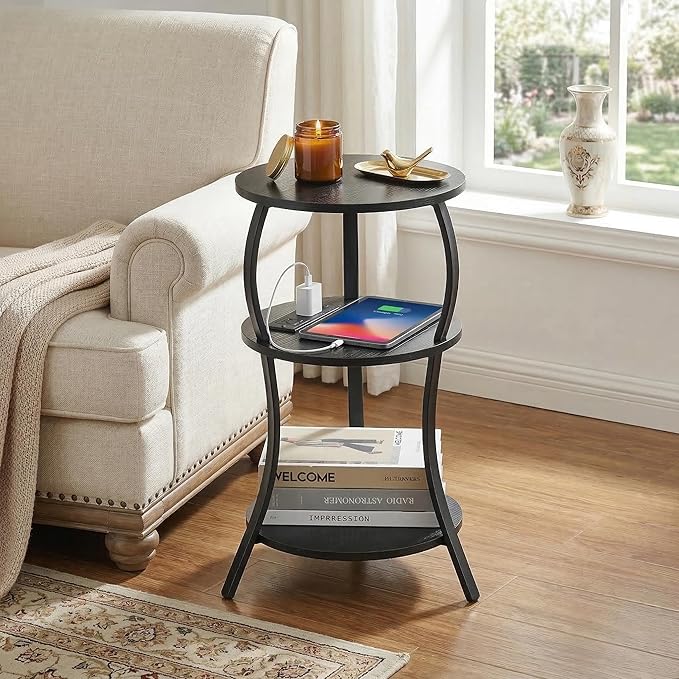 Small Round Side Table with Charging Station, 3-Tier Waist Circular End Table with Storage Shelf, Compact Tea Sofa Side Table Small Spaces, Round Corner Coffee Table for Living Room Bedroon,Black
