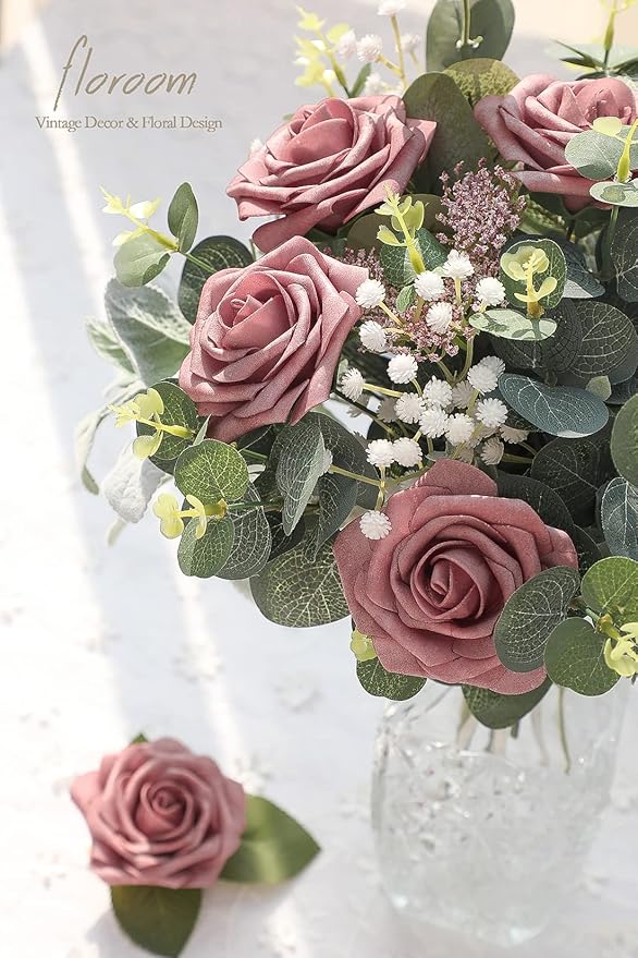 Floroom Artificial Flowers 50pcs Real Looking Dusty Rose Foam Fake Roses with Stems for DIY Wedding Bouquets Bridal Shower Centerpieces Floral Arrangements Party Tables Home Decorations