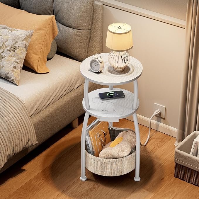 Round Side Table, 3-Tier End Table with Power Outlets, Small Table with Storage Basket, Coffee Table Sofa Side Table for Small Spaces, Nightstand for Living Room Bedroom, 11.81in, Matte White