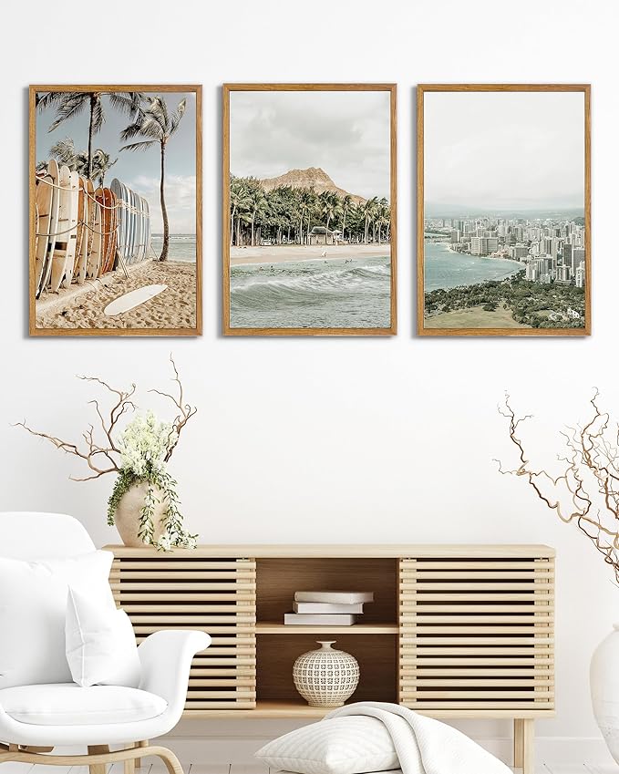 UPWOIGH Large Framed Canvas Wall Art, Set of 3 Hawaiian Surf Decor, Island Beach Photography Prints, 16x24 in Natural Cotton, Minimalist Coastal Travel Art for Living Room, Dining Room, Office, Gifts