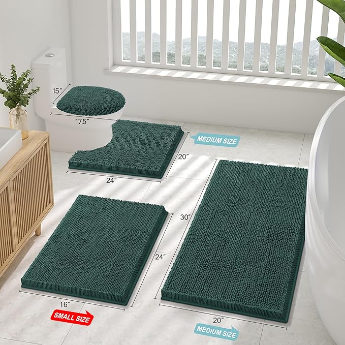 Smiry Luxury Chenille Bathroom Rugs 30x20, Extra Soft and Absorbent Shaggy Bath Mat, Machine Washable, Non-Slip Plush Carpet Runner for Tub, Shower, and Floor, Home Decor Accessories, Green