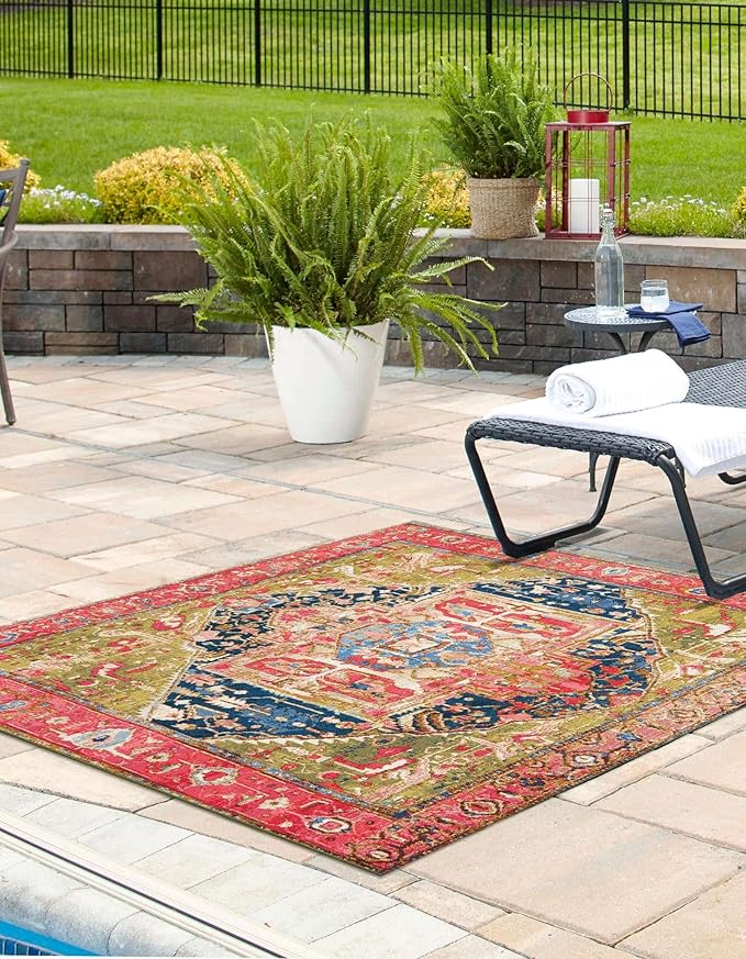 Unique Loom Outdoor Traditional Collection Area Rug - Limon (7' 10" Square Multi/Red)