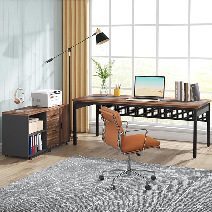 Tribesigns 71 inch Executive Desk, L-Shaped Desk with Mobile File Cabinet, Executive Office Table with 2 Drawers and Storage Shelves, Business Furniture Workstation for Home Office, Walnut and Black