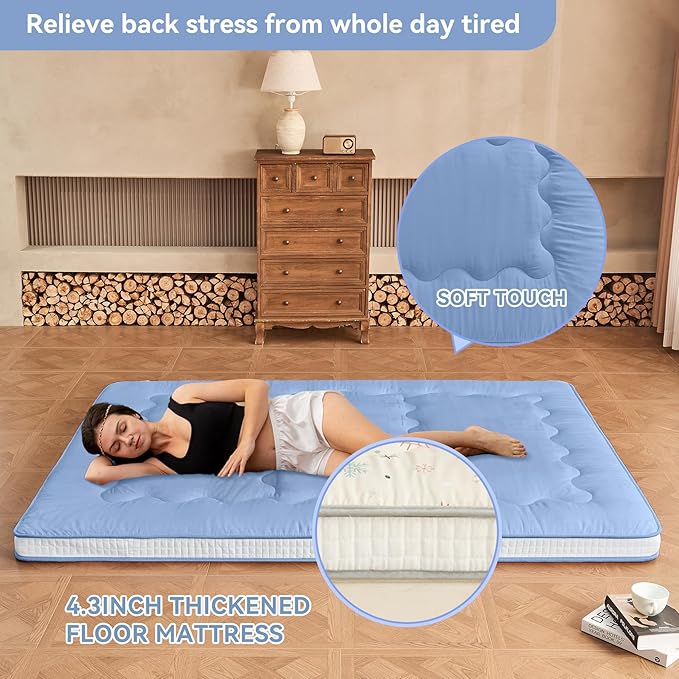 Dr.Futon Japanese Floor Futon Mattress Extra Thick Folding Roll Up Bed Topper Mat for Guest,Lounger and Tavel