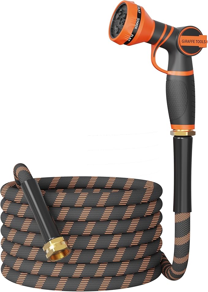 Giraffe Tools Non-Expandable Garden Hose 25FT 1/2” Lightweight Flexible Water Hoses Burst 600 psi with 9 Spray Function Nozzle Heavy Duty Hose
