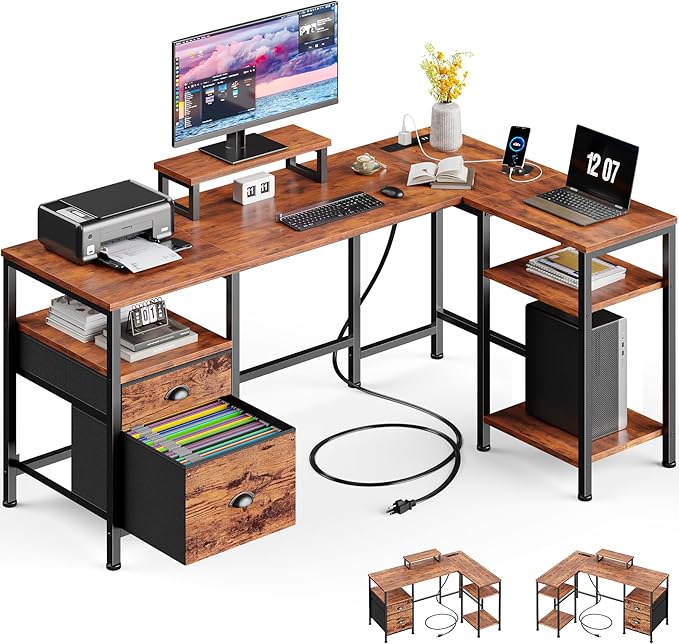 Furologee L Shaped Computer Desk with Power Outlet, Reversible Home Office Desk for Work Study, 50 Inch Corner Gaming Table with File Drawer, Monitor Stand, Storage Shelves, Rustic Brown