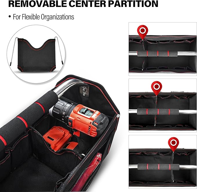 HAUTMEC 18" Foldable Tool Tote, Open Top Tool Bag with Removable Divider & Stiff Frame, 23-Pockets Electrician Tool Bag with Padded Steel Handle, Shoulder Strap & Water-Resistant Hard Base – HT0020