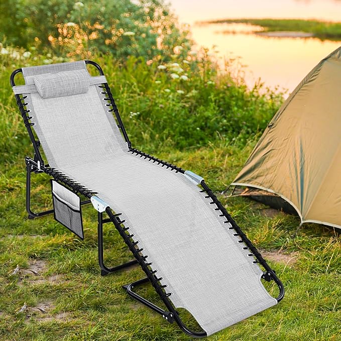 Tangkula Beach Lounge Chair for Outside, Folding Chaise Lounge Outdoor with 4-Position Backrest, Removable Headrest and Side Pocket, Portable Sunbathing Tanning Chair for Patio, Poolside (1, Grey)