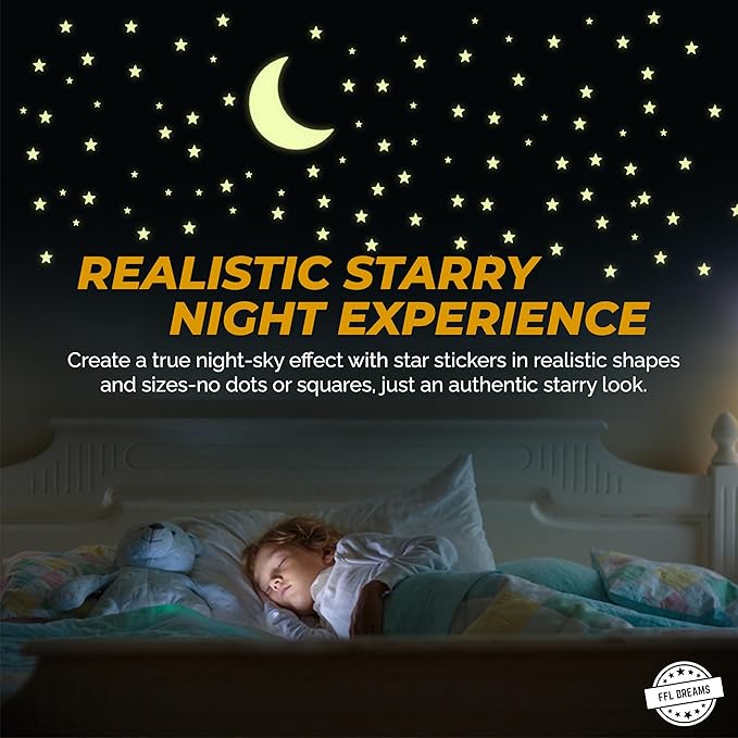 Glow in The Dark Stars and Moon, Realistic No Dots No Squares Set. Star Shaped Stickers and Moon, Luminous Adhesives for Room, Wall, Bedroom, Light up Your Ceiling and Living Room