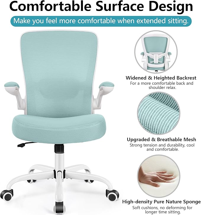 FelixKing Office Chair, Ergonomic Desk Chair Breathable Mesh Chairs Adjustable High Back Lumbar Support Flip-up Armrests, Executive Rolling Swivel Comfy Computer Chairs Home Office Light Blue