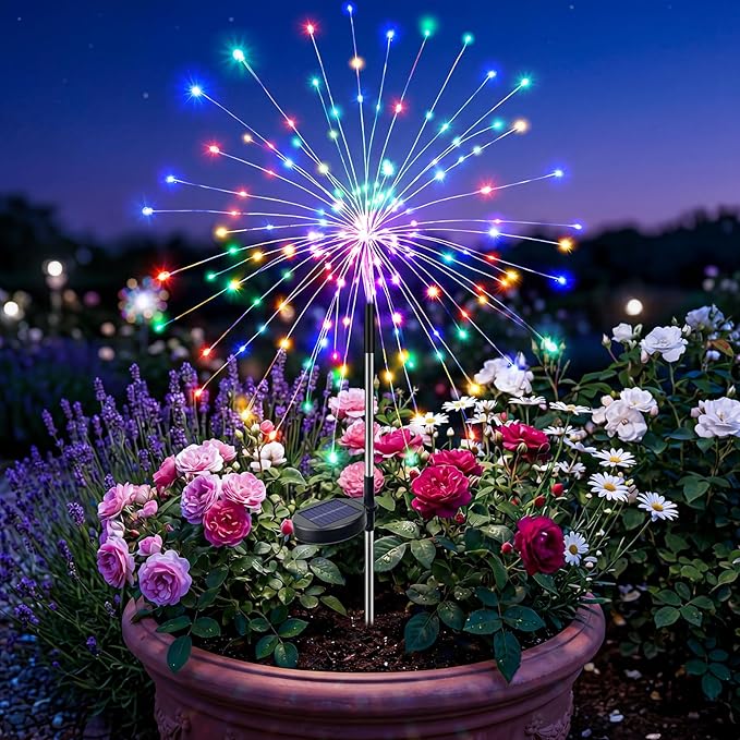 btfarm 1 Pack Solar Garden Lights Outdoor, 8 Modes Firework Lights Solar Powered, Waterproof Twinkle Fairy Light Outside for Yard Patio Pathway Pool Christmas Party Decorative, Multicolor