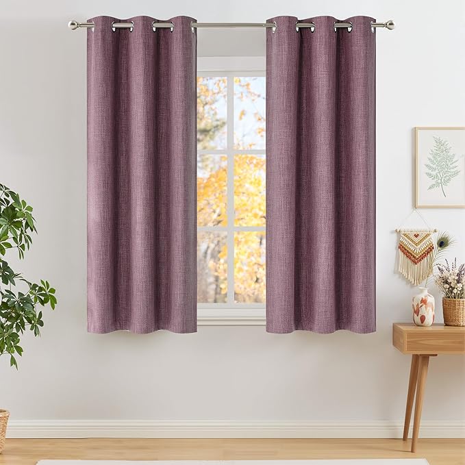 NICETOWN Short Faux Linen Greyish Purple Blackout Curtains 63 inches Long