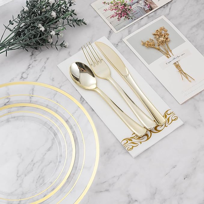 BESTVIP 700PCS Clear Gold Disposable Dinnerware Set for 100 Guests, Plastic Plates for Party, Wedding, Christmas, Halloween, Include: 200 Plastic Plates, 100 Gold Silverware, 100 Cups, 100 Napkins