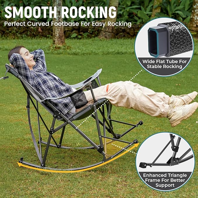 FUNDANGO Oversized Rocking Camping Chair for Adults, Portable Folding Lawn Chairs for Outside with Pillows, Wide Armrest, 2 Cup Holders, Carry Bag for Patio Garden Outdoor Supports 400Lbs (Grey)