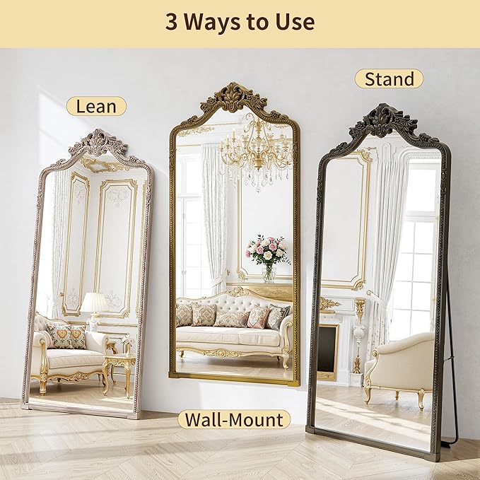 Wall Mount Arched Full Length Mirror, Baroque Antique Vintage Long Mirrors