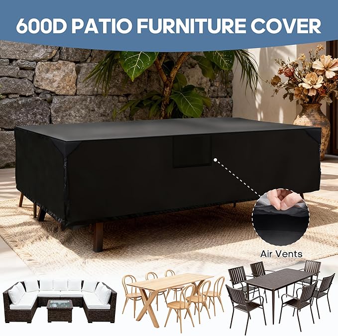DUMOS Outdoor Furniture Cover Rectangular Heavy Duty 600D Waterproof UV Resistant Patio Sofa Couch Sectional Cover for Deck Table Chairs Backyard Dining Sets, 126"L x 63"W x 28"H, Classic Black