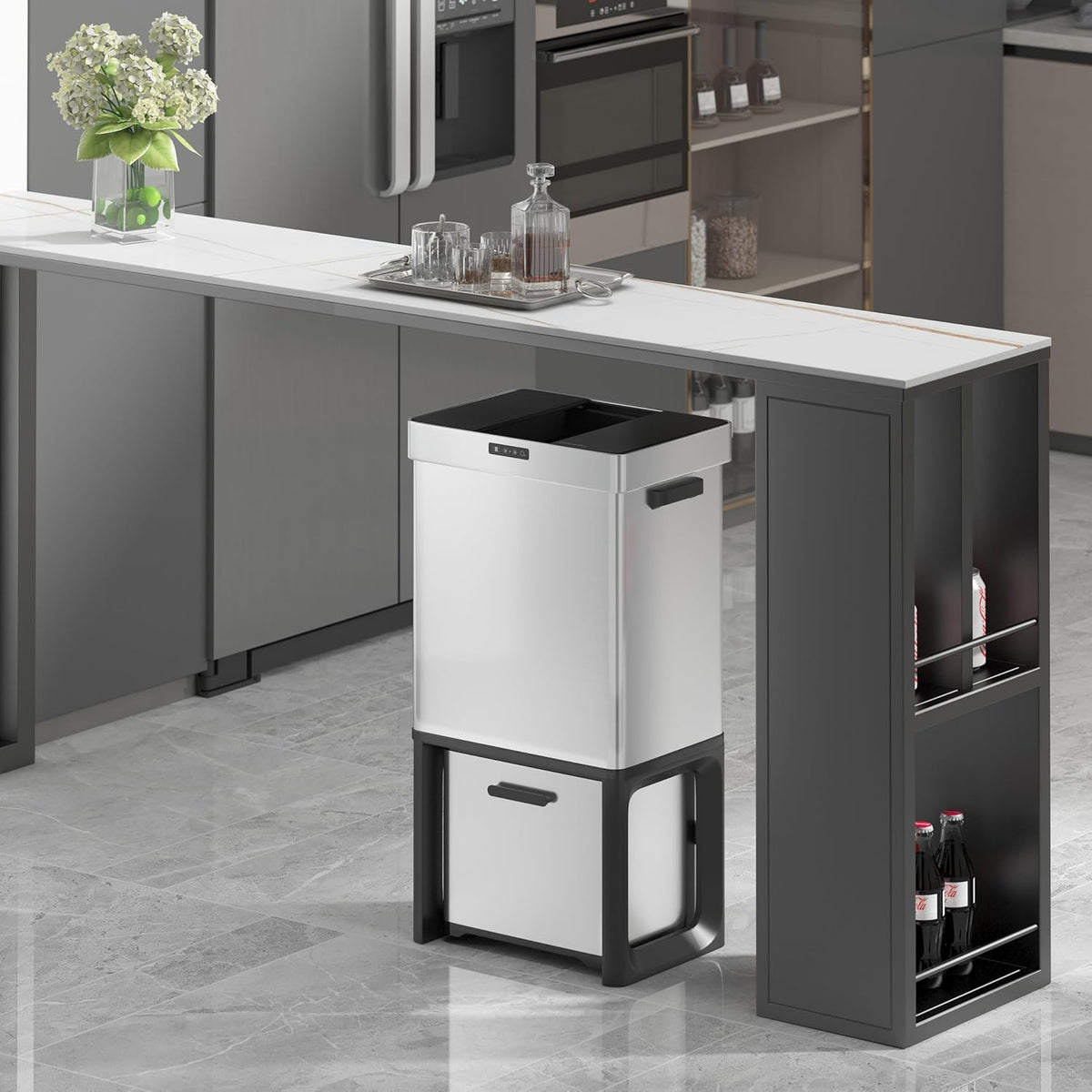 19 Gal Kitchen Automatic Motion Sensor Trash Can with 2 Recycling Dustbin(50L+22L),Ozone Odor Control Stainless Steel Garbage Can with Slide-Open Lid