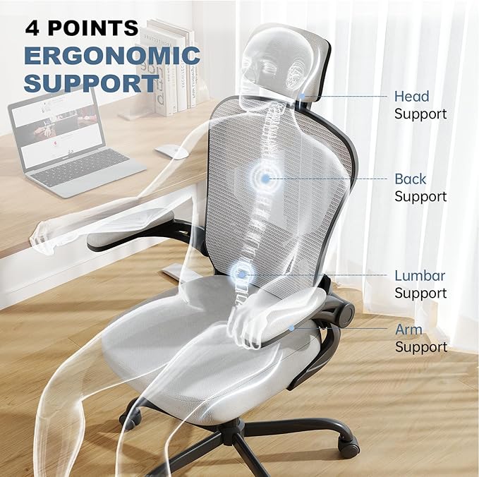 Synorla Office Chair Ergonomic Desk Chair, 330LBS Capacity, High Back Computer Design for Long Hours Comfort, Rolling Swivel Executive Task for Home Office with Flip-up Armrests, Black Grey
