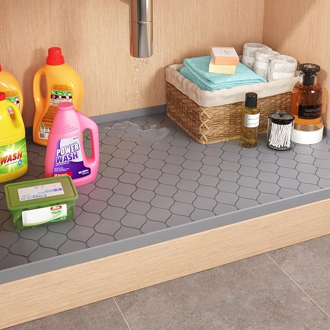 Silicone Under Sink Mat 25" x 22", kitchen Essentials and Gadgets, Shelf liner and Cabinet Protector, Home Organizers and Storage, Waterproof Bathroom Tray