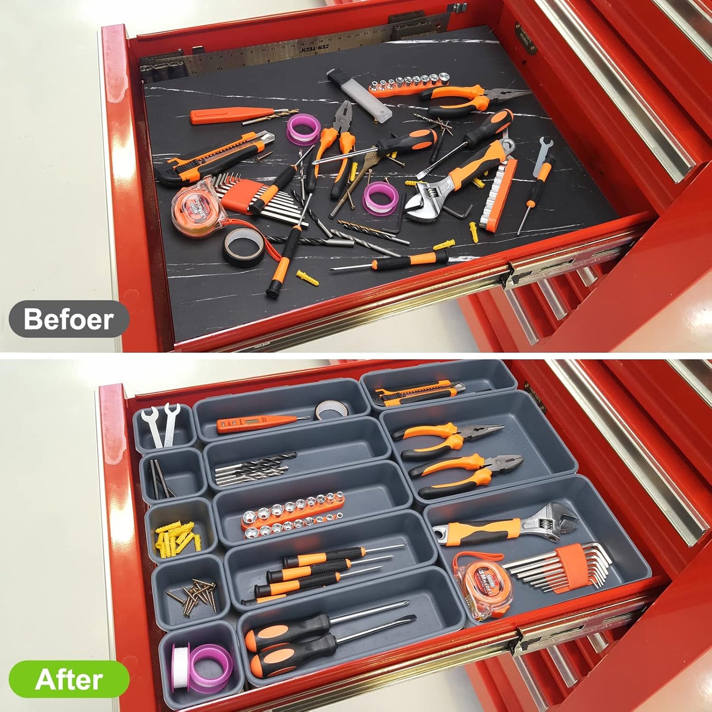 KeFanta 42 Pack Tool Box Organizer Tool Tray Dividers, Rolling Tool Chest Cart Cabinet Workbench Desk Drawer Organization and Storage for Hardware, Parts, Screws, Nuts, Small Tools Organization(Grey)