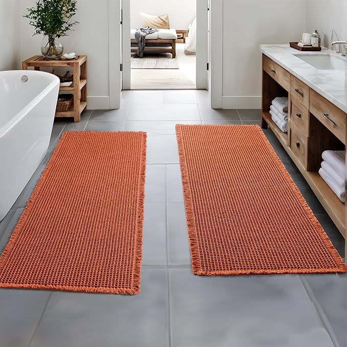 MIULEE Orange Set of 2 Waffle Bathroom Runner Rugs, Boho Bath Rug Non Slip Washable, Super Absorbent Runner Bath Mats, Rubber Backed Shower Mat for Hallway Bedroom Laundry Room, 2'x5'(24x60 Inch)