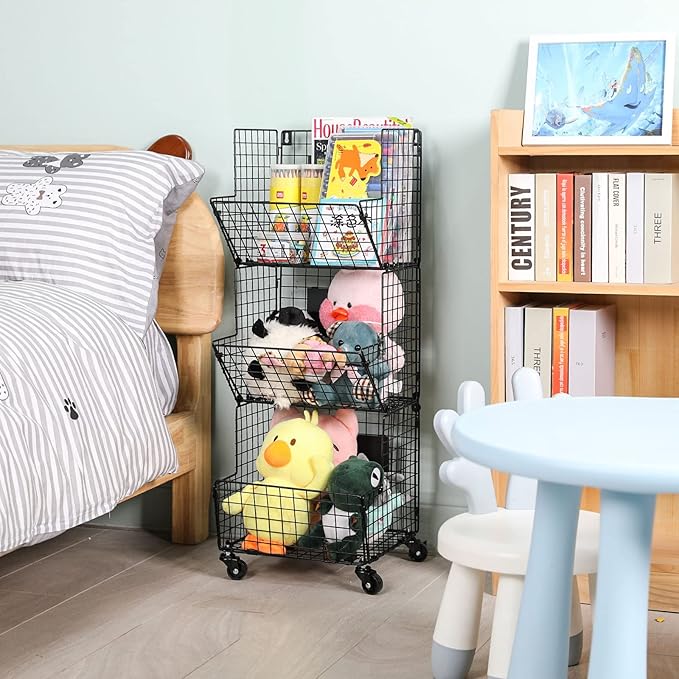 Sonyabecca Outdoor Toy Storage Basket, Play Kitchen Organizer with 5 S-Hooks,3 Tier Rolling Storage Cart Garage, Pantry Floor Snack Cart with Wheels,Toy Shelf Dog Storage Organizer Kids Bookshelf