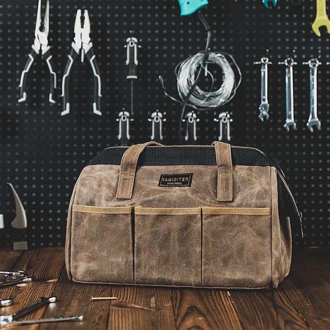 Tool Bag, 13-inch Heavy Duty 16oz Waxed Canvas Wide Mouth Water-Resistant Tool Bag, Tool Tote with Handle for Tools, Wrenches, Screwdrivers (13 X 7 X 9 inch) | Grey