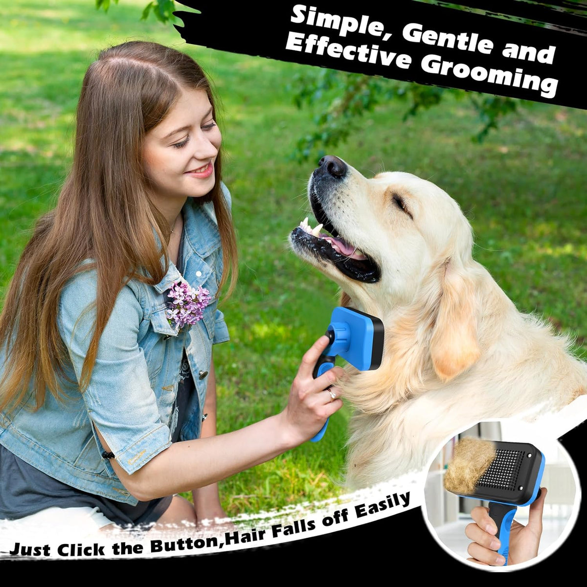 Skiennix Self-Cleaning Slicker Brush Set - Double-Sided Dematting Comb & Flea Comb for Dogs, Cats & Horses | Premium Grooming Tools (Blue)