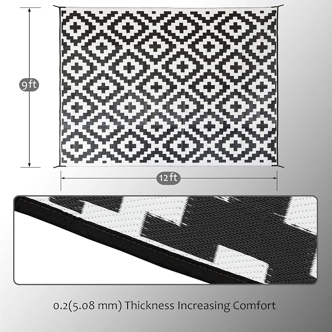 SAND MINE Waterproof Outdoor Rug 9x12 ft, Plastic Reversible Rug, Modern Area Rug, Large Floor Mat for Outdoors, RV, Patio, Backyard, Deck, Picnic, Beach, Camping (9' x 12', Black & White Lattice)