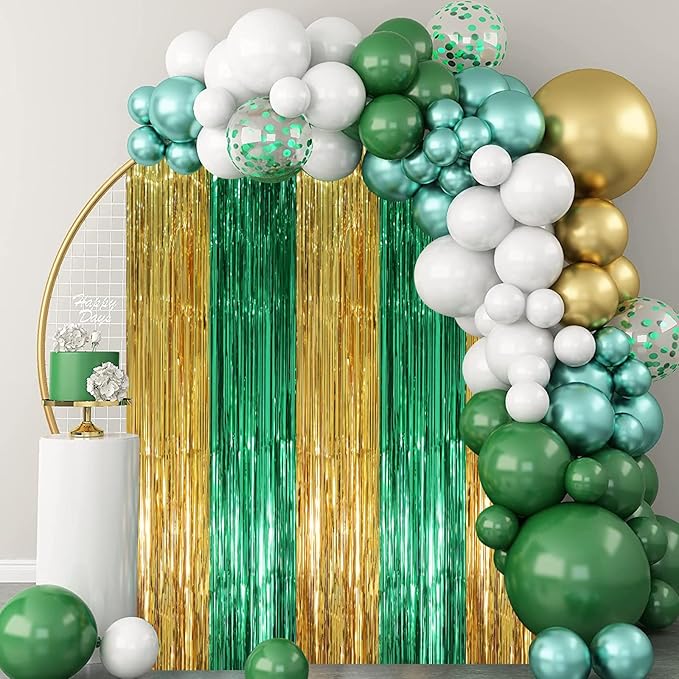 3 Pack 3.3 x 8.2 ft Green and Gold Foil Fringe Backdrop Curtains, Tinsel Streamers Party Decorations, Fringe Backdrop, Door Shimmer for Graduation or Birthday Party