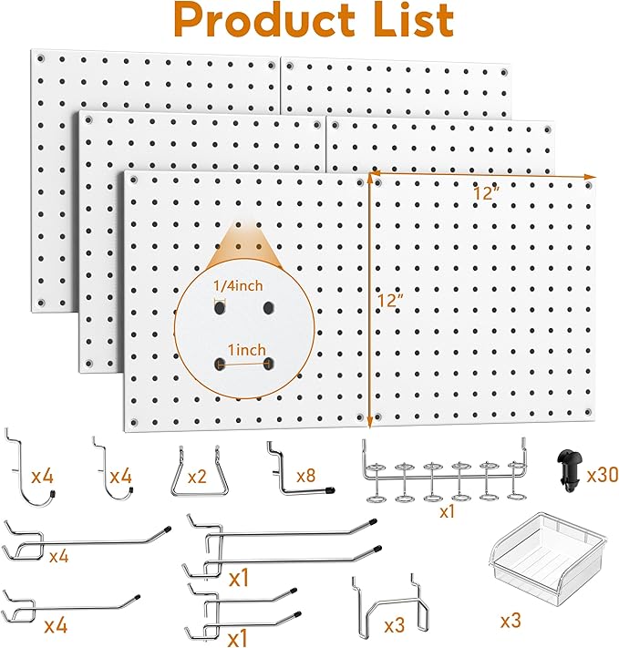 Peg Board, 6 Pack White Peg Board Panels, 50lbs Load Capacity Each, Pegboard
