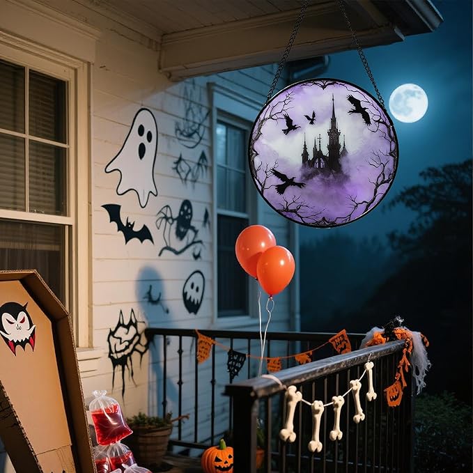 Stained Glass Window Hanging - Halloween Gothic Castle Purple Smoke Suncatcher for Doors Garden Home Spooky Crow Sun Catchers Gothic Decor Horror Gift for Women Men Friend Boy Girl 11.8 in
