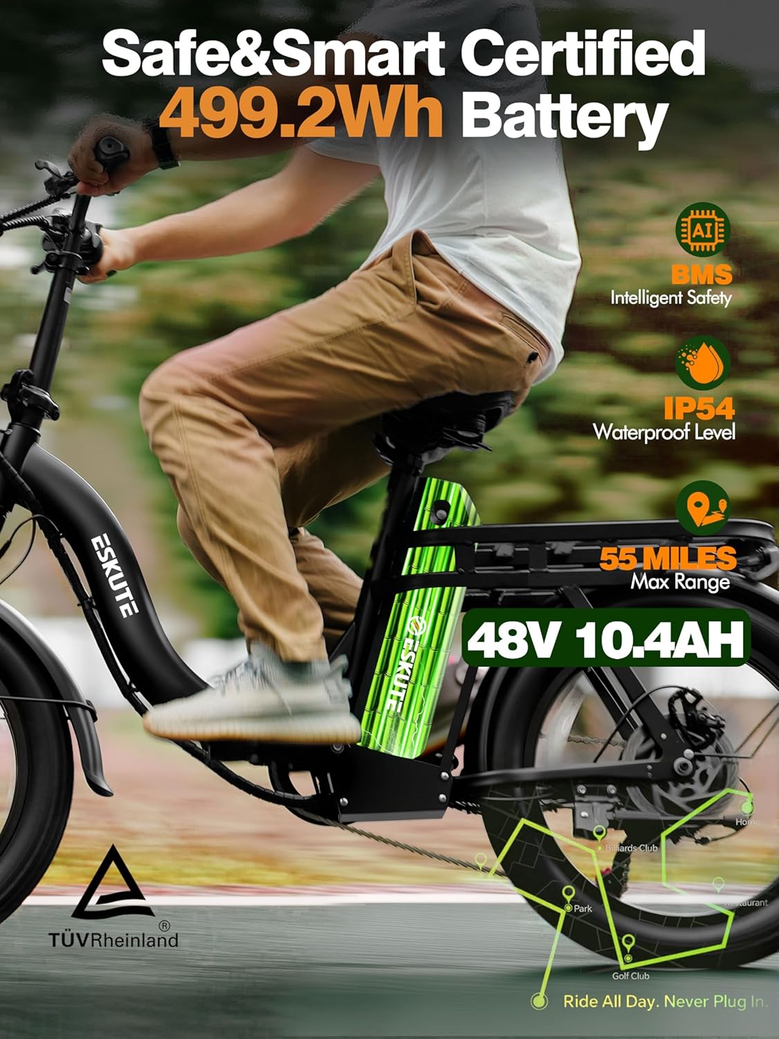 Skiennix 1200W Peak Folding Electric Bike - 28MPH, 48V 10.4Ah Battery, 55-Mile Range, 20"x3" Fat Tires