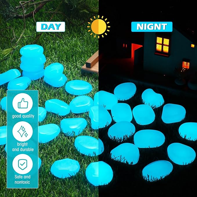 Landical 100 Pcs Large Glow in The Dark Rocks Pebbles Outdoor Fish Tank Rocks Aquarium Gravel Luminous Stones for Walkway Succulent Plant Halloween Decor (Light Blue,1.8 Inch)