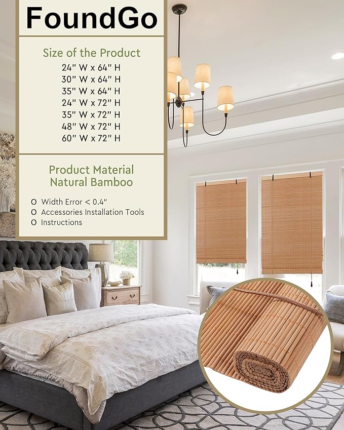 FoundGo Retro Bamboo Blinds 35" W x 64" H Bamboo Roman Shades Light Filtering
