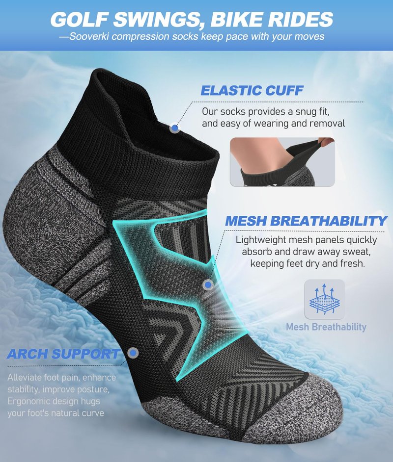 Sooverki Cushioned Cotton Ankle Compression Socks for Men Women 6 Pairs Wicking Low Cut Arch Support Plantar Fasciitis Socks Travel Runner Gifts