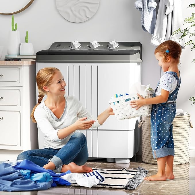 COSTWAY Portable Washing Machine, Twin Tub 20 Lbs Capacity with Drain Pump, Laundry Washer 12 Lbs and Spinner 8 Lbs with Timer Control, Perfect for Apartment Dorm RV, Grey+White