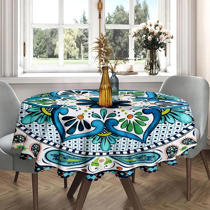 Eikione Round Tablecloth 70 inch Round Boho Tablecloths Polyester Table Cloth for Party Restaurant Banquet Dining Buffet Table Picnic Decorations