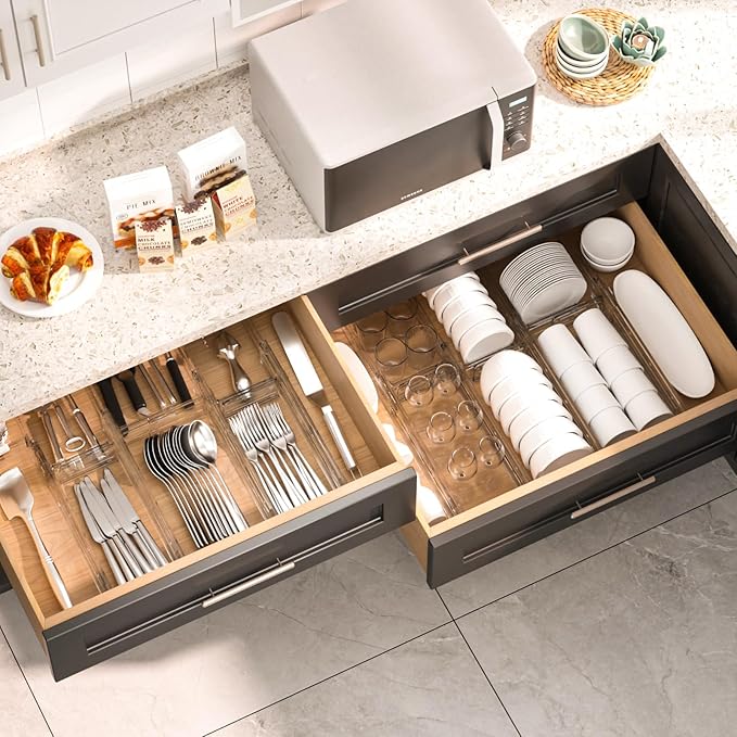 HiYZ Expandable Drawer Dividers - 12.6-22.8'' Adjustable Drawers Organizers for Kitchen Utensils, Drawer Separators in Bedroom, Dresser, Office, Bathroom, Fridge, 8 Pack Long Dividers-Clear
