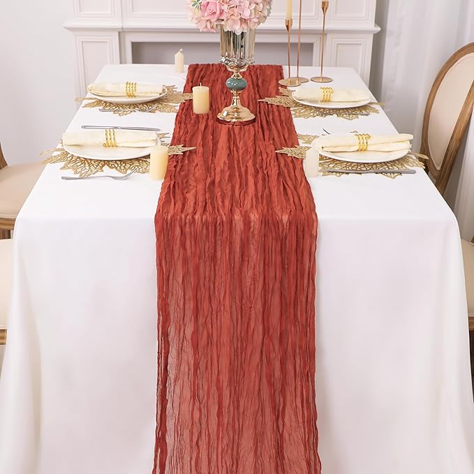 Snowkingdom 10 Ft Fall Thanksgiving Table Runner Terracotta Rust Cheesecloth Gauze, 120 inch Long Burnt Orange Boho Cheese Cloth for Wedding Bridal Shower Rustic Sheer Table Decorations