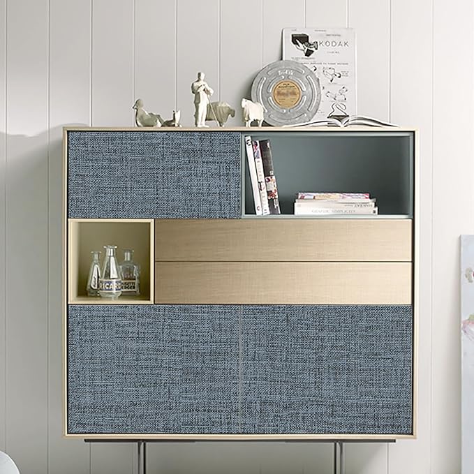 Blue Gray Grasscloth Peel and Stick Wallpaper 17.3"x1200" Faux Linen Textured