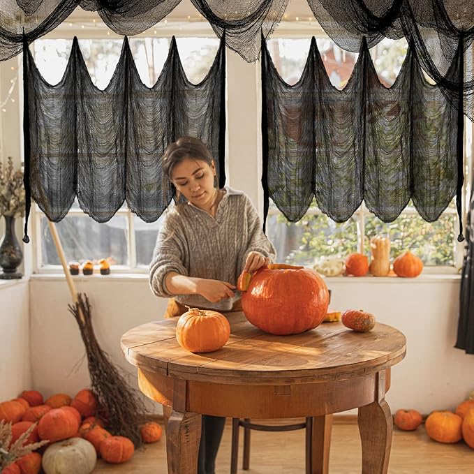 Halatool 30 X 90 in Halloween Creepy Cloth, 4 PCS Black Spooky Cheesecloth Scary Hanging Gauze Decor for Halloween Party Supplies Haunted Houses Windows Doorways Indoors & Outdoors