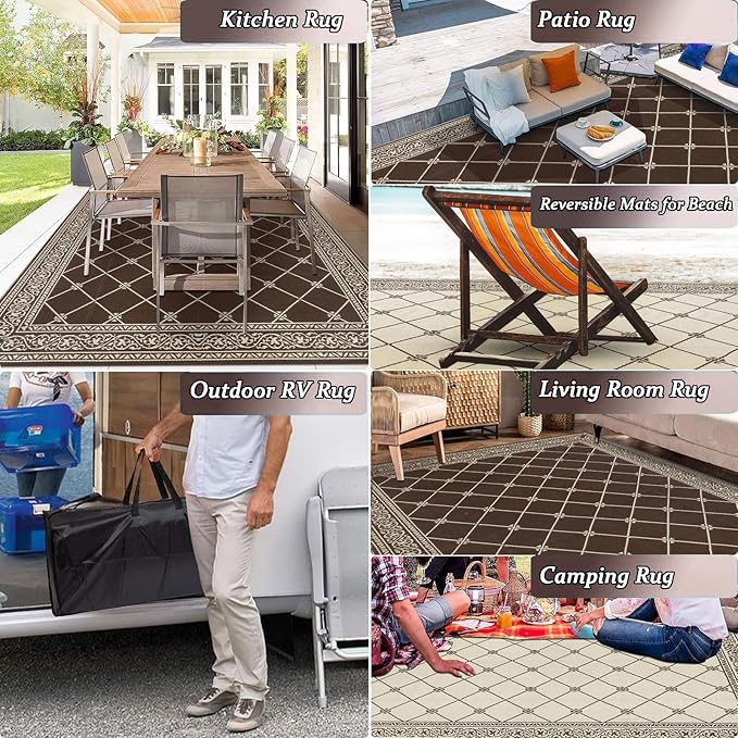 HiiARug Outdoor Patio Rugs 6x9Ft Outside Rugs Patio Waterproof Plastic Straw RV Camping Rug Reversible Mats Large Floor Mat and Rug for Patio, Backyard, Deck, Picnic, Beach, Trailer (Brown)